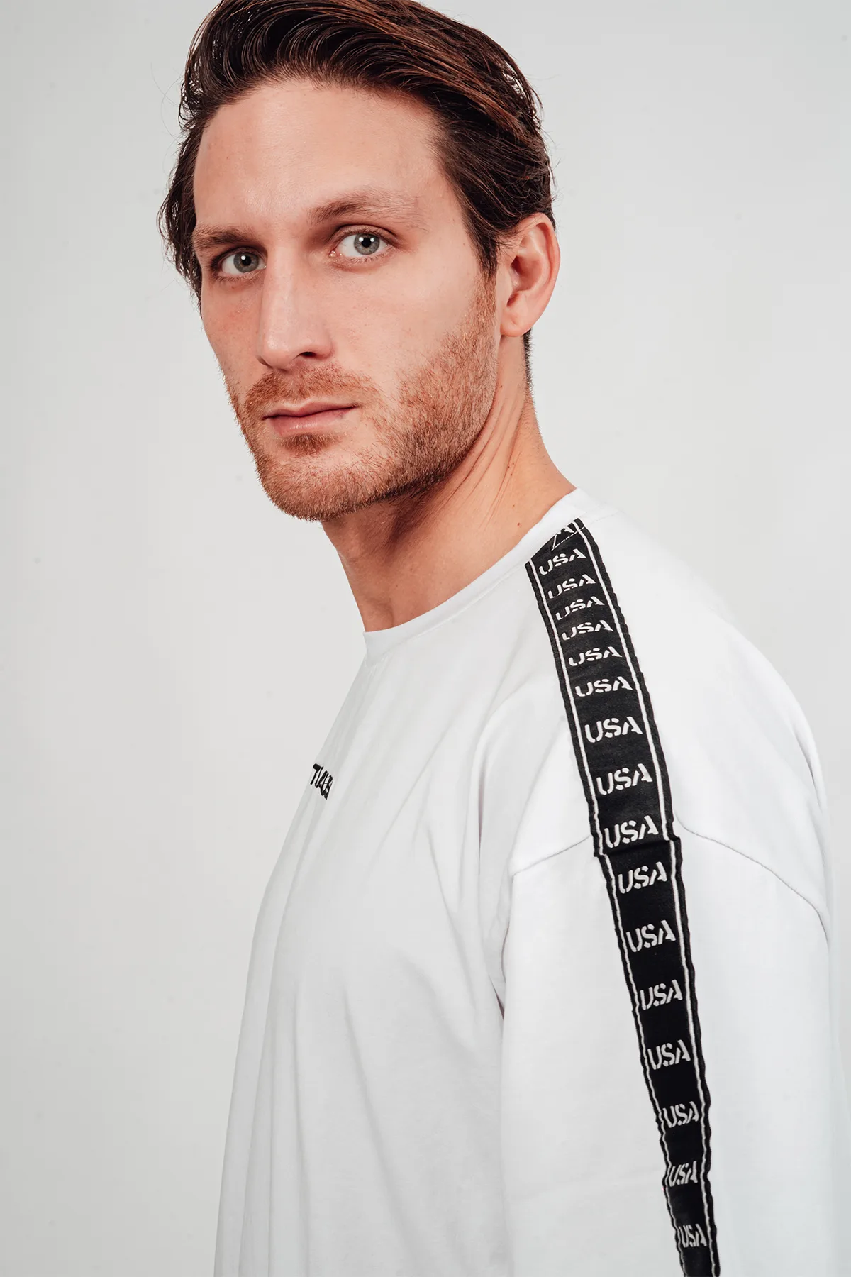 USA Comfy Oversize Strip T-Shirt- White